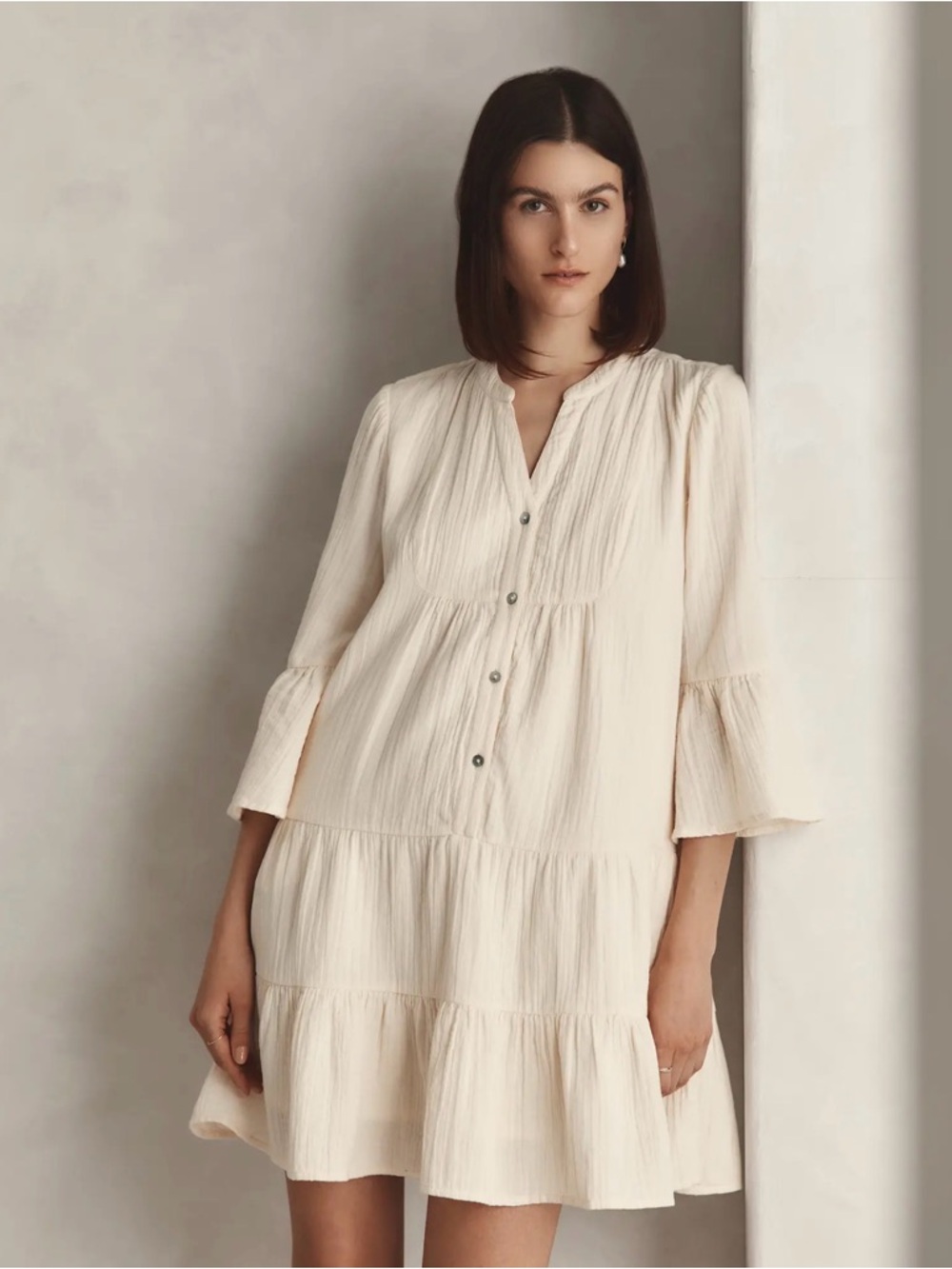 Quince 100% Organic Cotton Gauze Tiered Mini Dress : Cream : Sz S